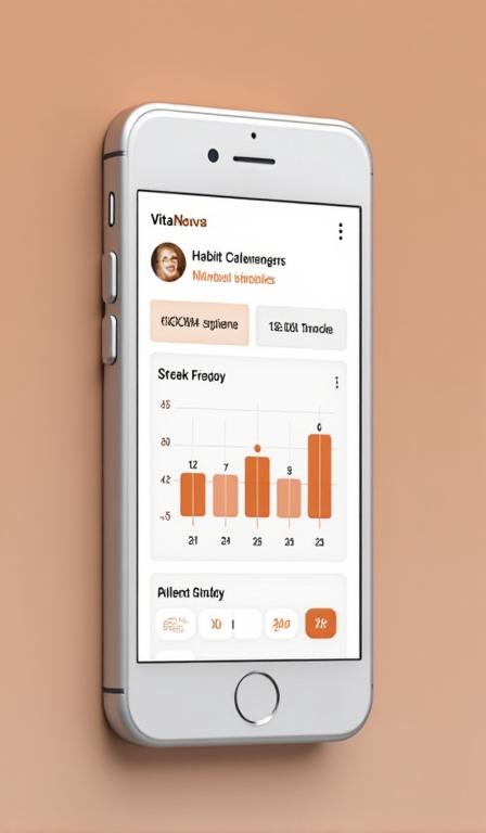 VitaNova habit tracking app screen showing streak calendar and progress bars